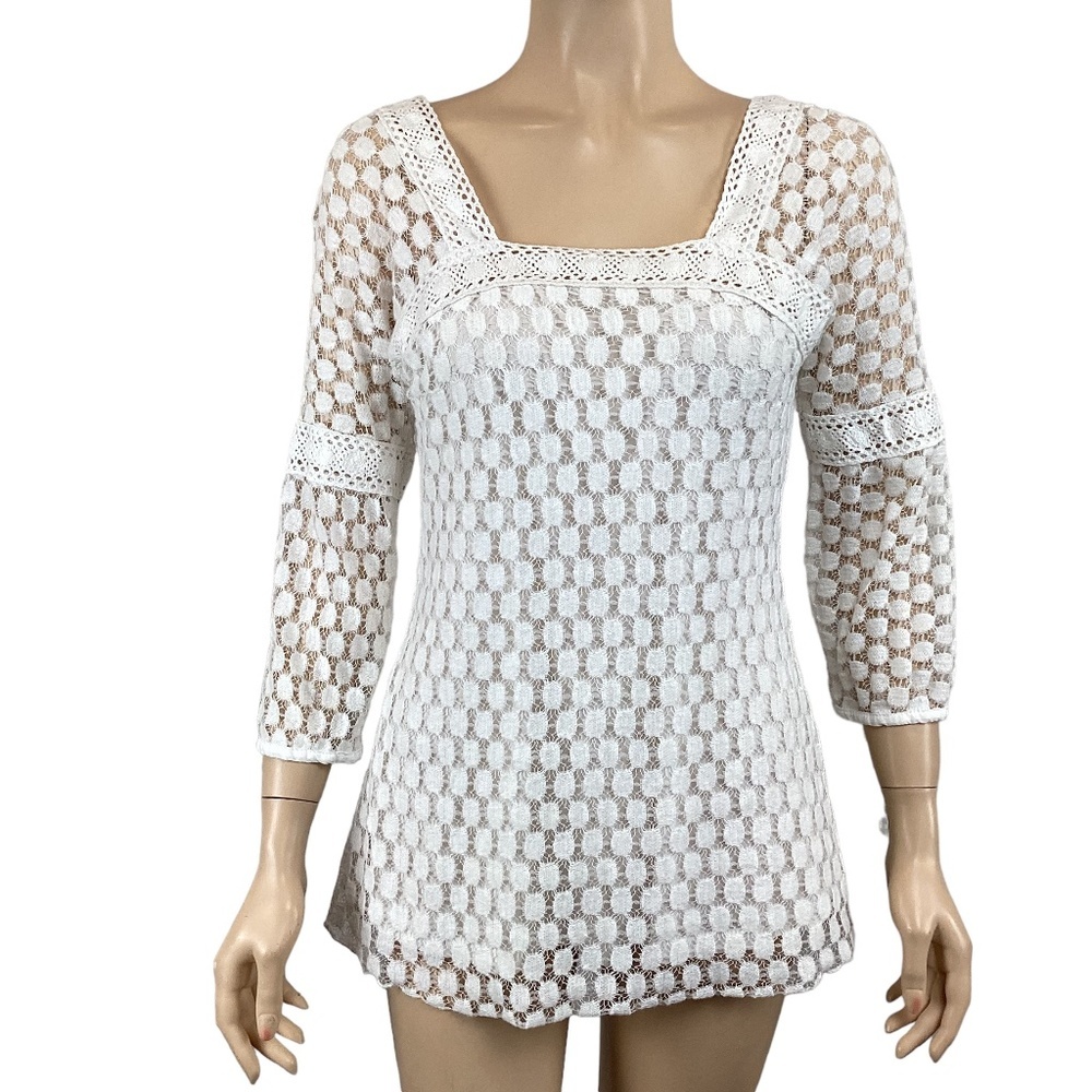 Solitaire White Lace Crochet‎ Blouse Top Size Medium Honeycomb Eyelet